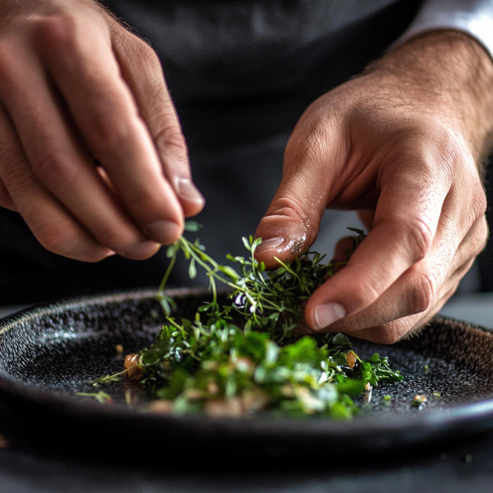 Chef arranging plate with herbs and careful plating